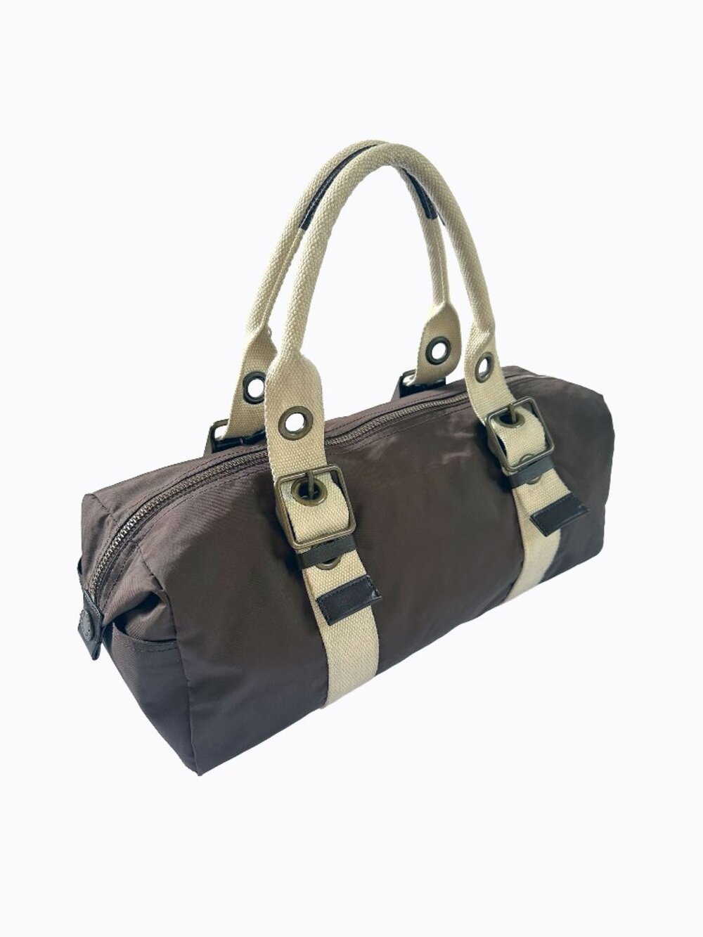 Vtg Gap Nylon Mini Duffle Bag Chocolate Brown Y2K Barrel Shoulder Purse 2000s
